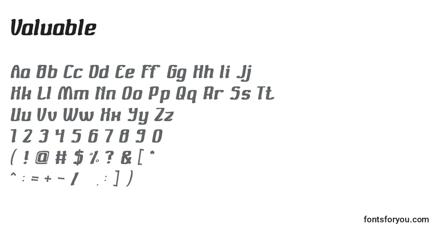 Czcionka Valuable – alfabet, cyfry, specjalne znaki