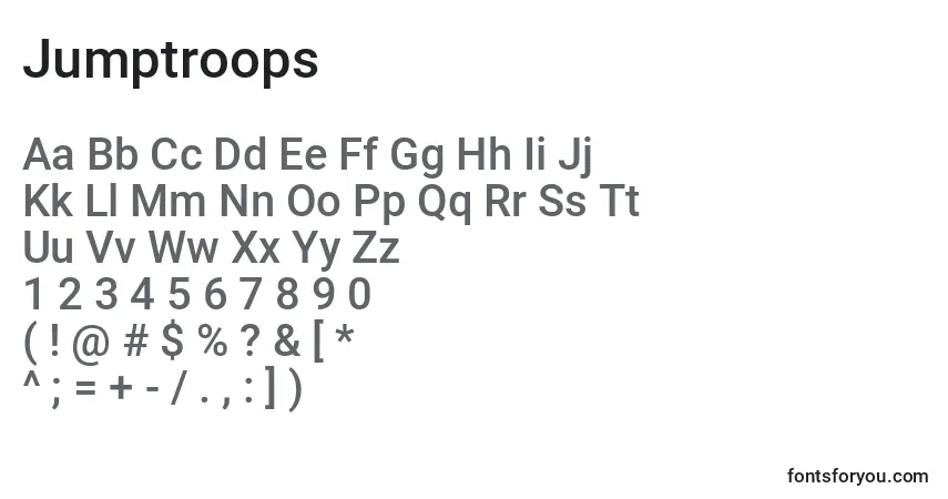 Jumptroops-fontti – aakkoset, numerot, erikoismerkit
