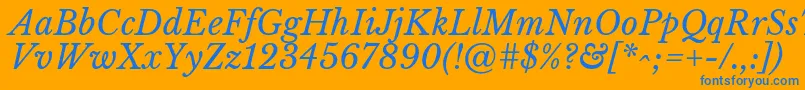 LibrebaskervilleItalic-Schriftart – Blaue Schriften auf orangefarbenem Hintergrund