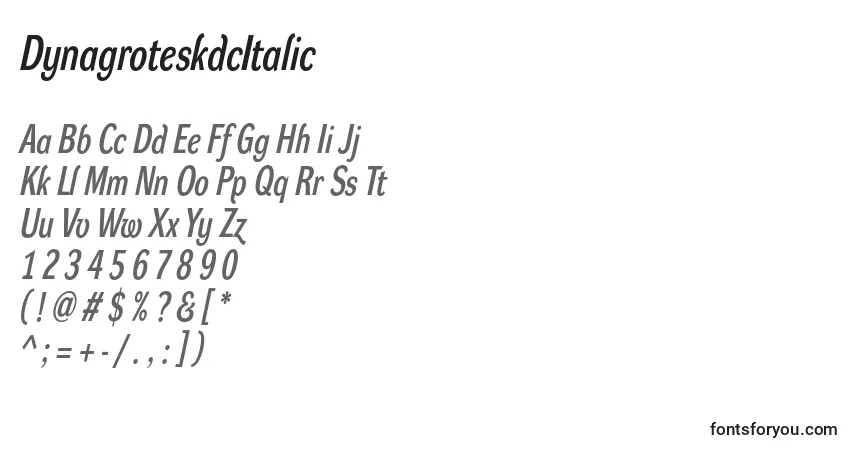A fonte DynagroteskdcItalic – alfabeto, números, caracteres especiais