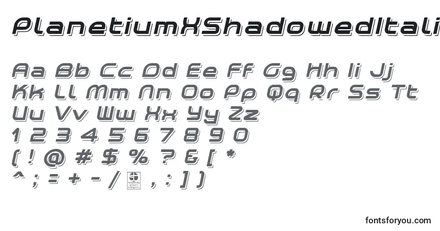 Schriftart PlanetiumXShadowedItalicDemo – Alphabet, Zahlen, spezielle Symbole