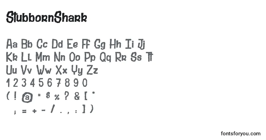 Czcionka StubbornShark – alfabet, cyfry, specjalne znaki