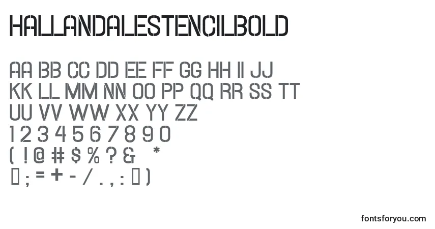 A fonte Hallandalestencilbold – alfabeto, números, caracteres especiais