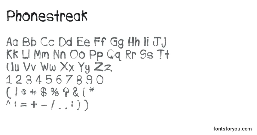 A fonte Phonestreak (85856) – alfabeto, números, caracteres especiais