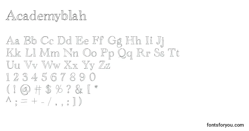 Czcionka Academyblah – alfabet, cyfry, specjalne znaki