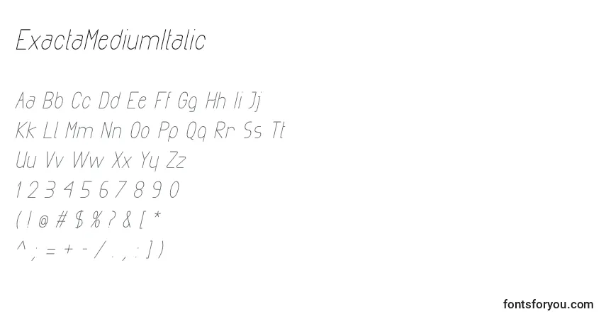 Шрифт ExactaMediumItalic (85869) – алфавит, цифры, специальные символы
