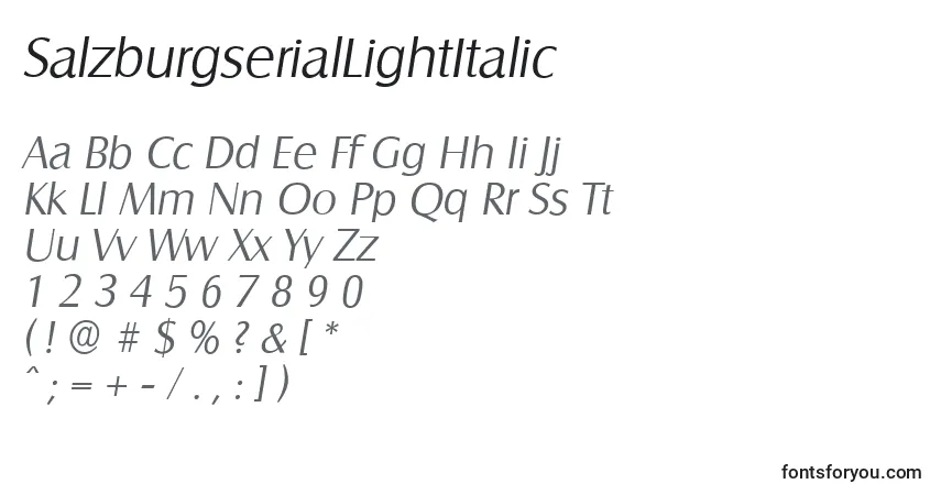 Czcionka SalzburgserialLightItalic – alfabet, cyfry, specjalne znaki