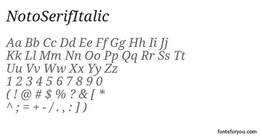 Czcionka NotoSerifItalic – alfabet, cyfry, specjalne znaki