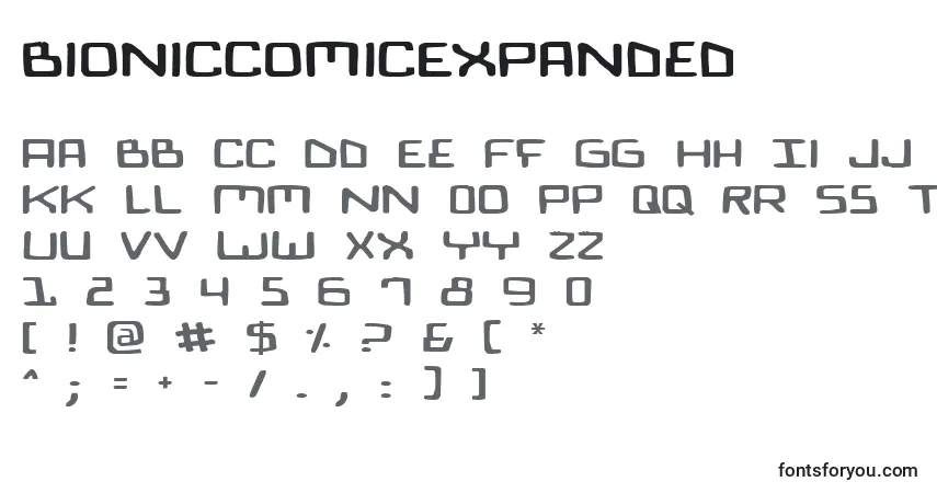 Czcionka BionicComicExpanded – alfabet, cyfry, specjalne znaki