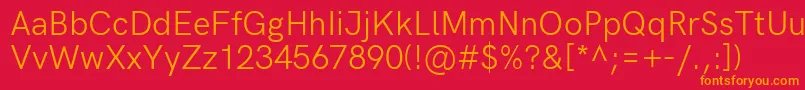 HkgroteskRegularlegacy-Schriftart – Orangefarbene Schriften auf rotem Hintergrund