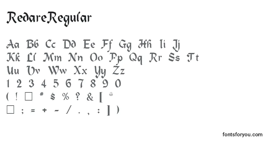 Czcionka RedareRegular – alfabet, cyfry, specjalne znaki