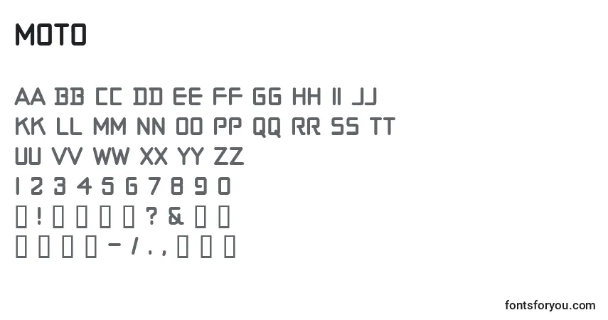 Czcionka Moto – alfabet, cyfry, specjalne znaki