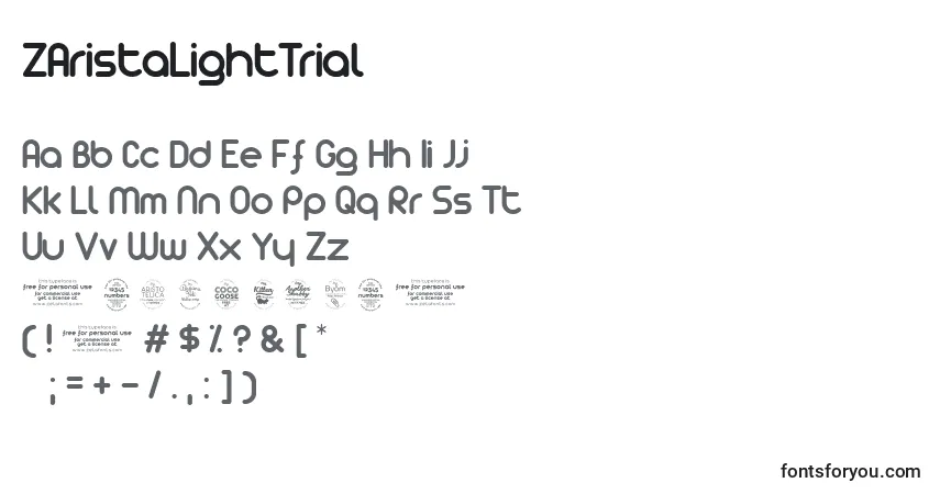 A fonte ZAristaLightTrial – alfabeto, números, caracteres especiais