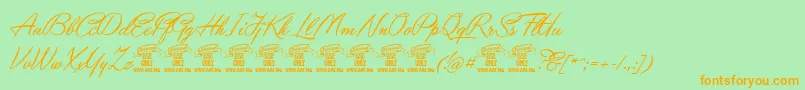 フォントYaquotescriptPersonaluse – オレンジの文字が緑の背景にあります。