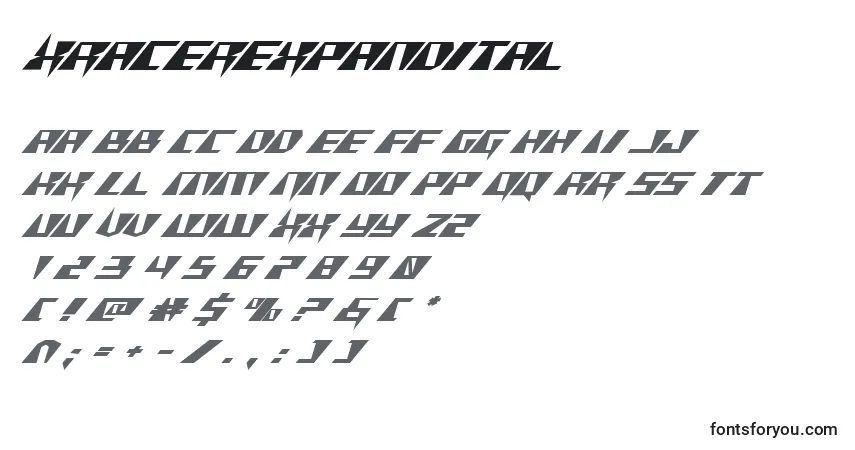 Czcionka Xracerexpandital – alfabet, cyfry, specjalne znaki