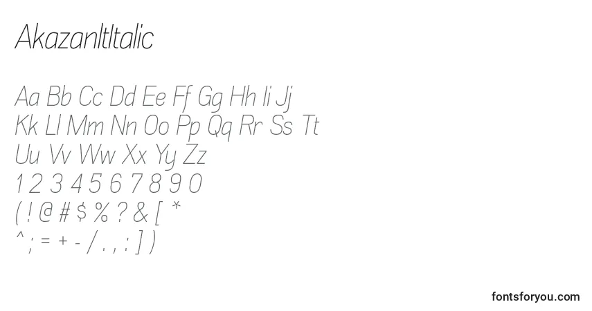 A fonte AkazanltItalic – alfabeto, números, caracteres especiais