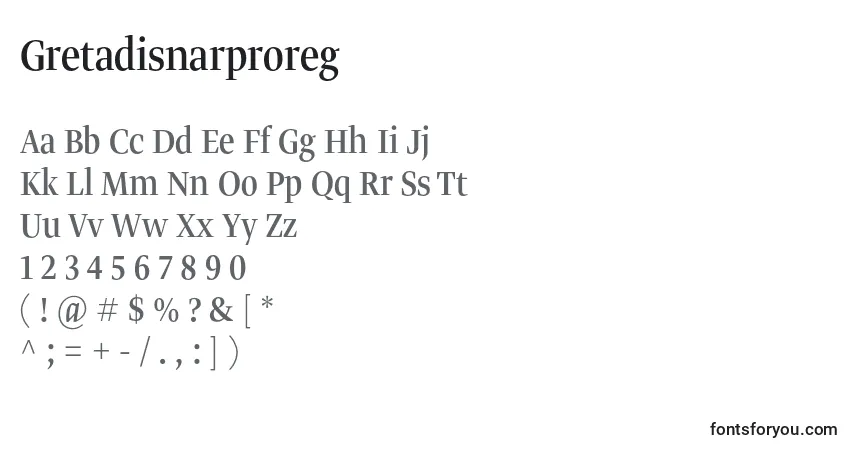 Czcionka Gretadisnarproreg – alfabet, cyfry, specjalne znaki