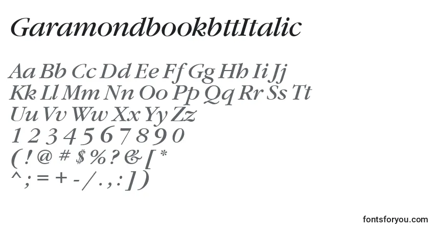Czcionka GaramondbookbttItalic – alfabet, cyfry, specjalne znaki