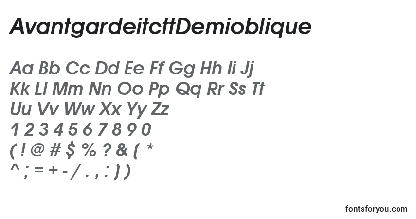 Czcionka AvantgardeitcttDemioblique – alfabet, cyfry, specjalne znaki