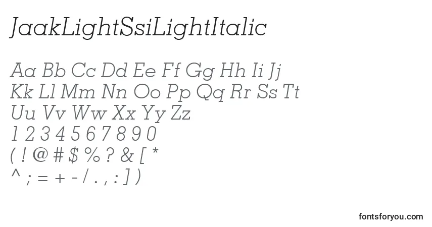 Шрифт JaakLightSsiLightItalic – алфавит, цифры, специальные символы