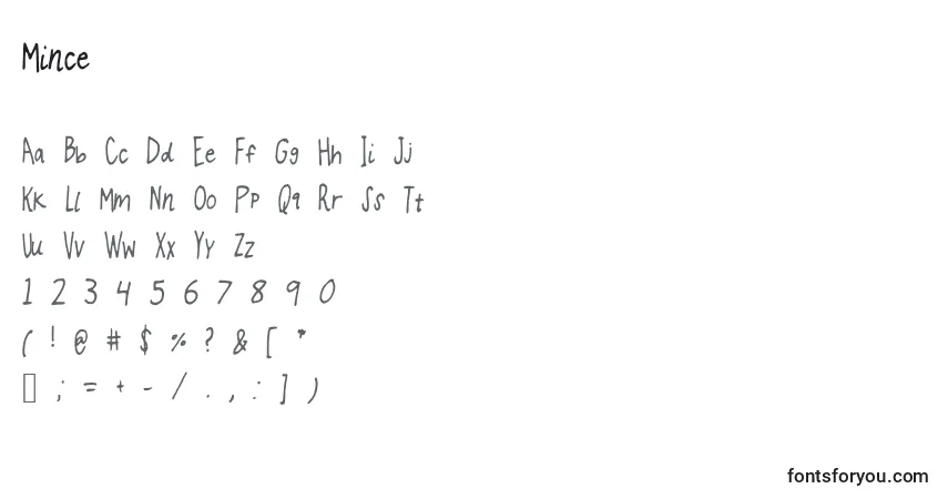 Schriftart Mince – Alphabet, Zahlen, spezielle Symbole