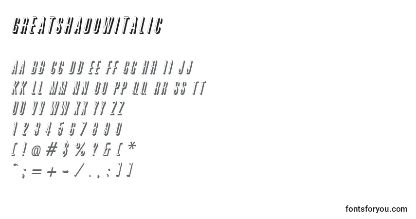 A fonte GreatshadowItalic – alfabeto, números, caracteres especiais