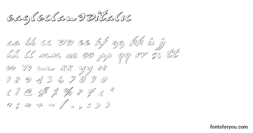 Czcionka Eagleclaw3DItalic – alfabet, cyfry, specjalne znaki