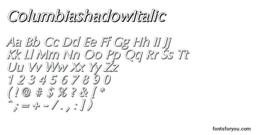 Шрифт ColumbiashadowItalic – алфавит, цифры, специальные символы
