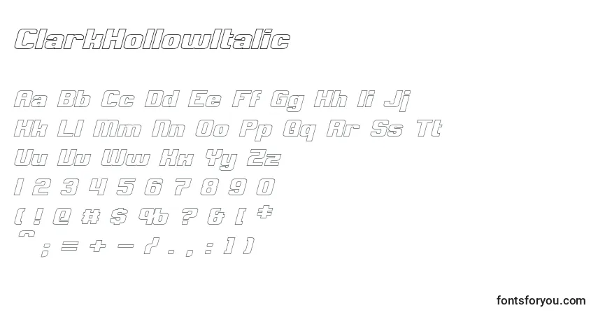 Czcionka ClarkHollowItalic – alfabet, cyfry, specjalne znaki
