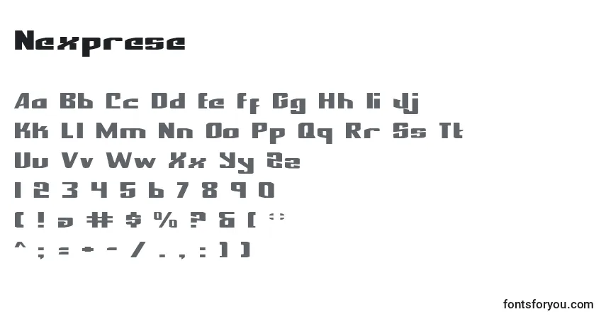 Czcionka Nexprese – alfabet, cyfry, specjalne znaki