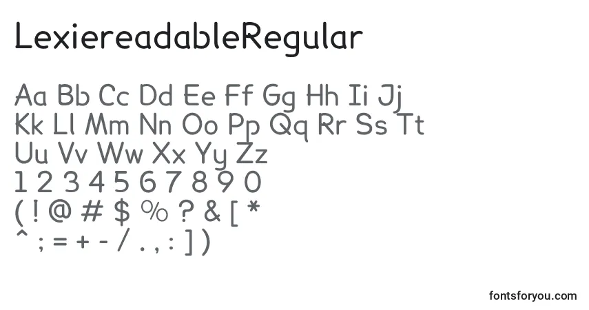 Czcionka LexiereadableRegular – alfabet, cyfry, specjalne znaki