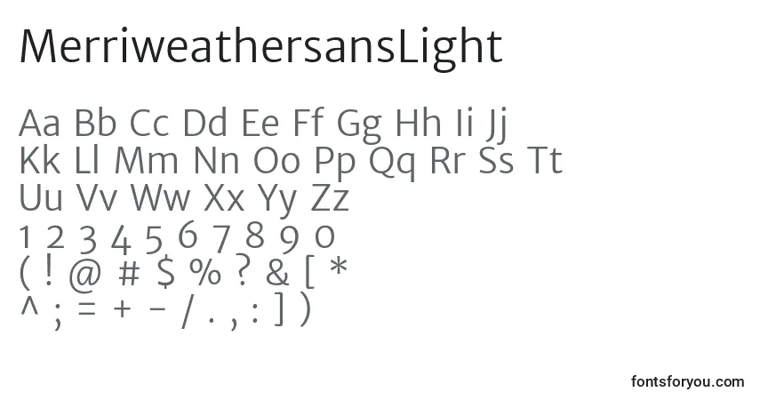 A fonte MerriweathersansLight – alfabeto, números, caracteres especiais