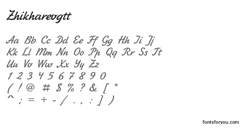 A fonte Zhikharevgtt – alfabeto, números, caracteres especiais