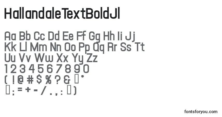 A fonte HallandaleTextBoldJl – alfabeto, números, caracteres especiais