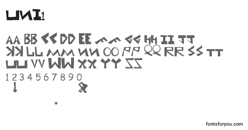 Czcionka Uni1 – alfabet, cyfry, specjalne znaki