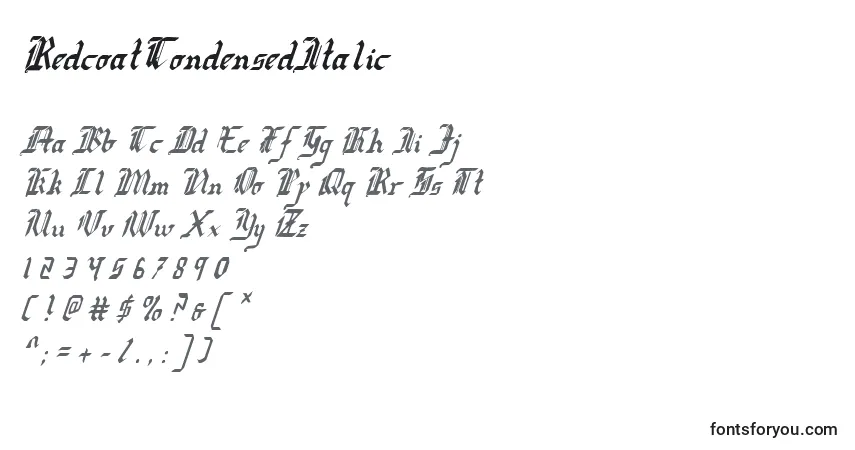 Шрифт RedcoatCondensedItalic – алфавит, цифры, специальные символы