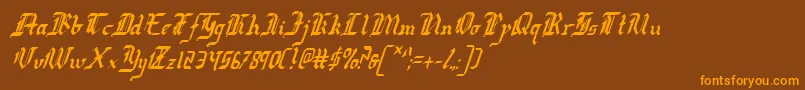 フォントRedcoatCondensedItalic – オレンジ色の文字が茶色の背景にあります。