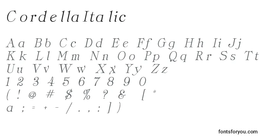 Schriftart CordellaItalic – Alphabet, Zahlen, spezielle Symbole