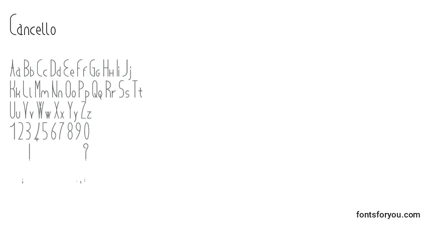 Czcionka Cancello – alfabet, cyfry, specjalne znaki