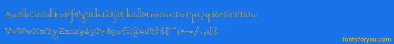 フォントDagerotypos0003 – オレンジ色の文字が青い背景にあります。