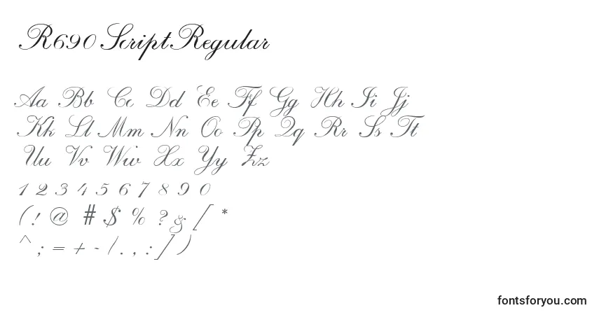 Schriftart R690ScriptRegular – Alphabet, Zahlen, spezielle Symbole