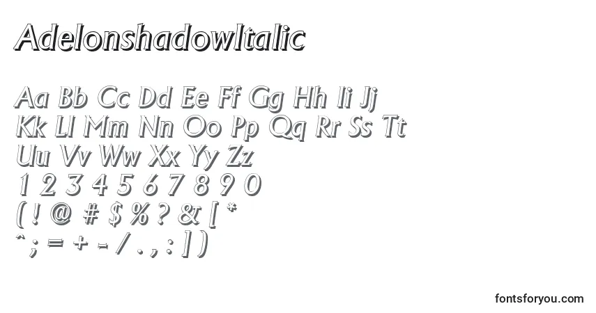 Schriftart AdelonshadowItalic – Alphabet, Zahlen, spezielle Symbole