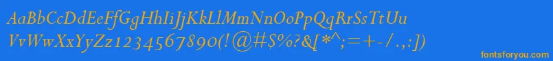 PerpetuaItalicOsf-Schriftart – Orangefarbene Schriften auf blauem Hintergrund