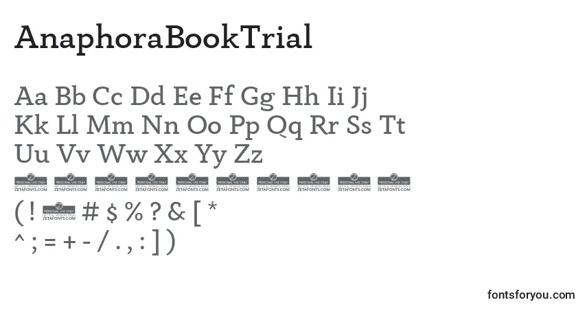 A fonte AnaphoraBookTrial – alfabeto, números, caracteres especiais