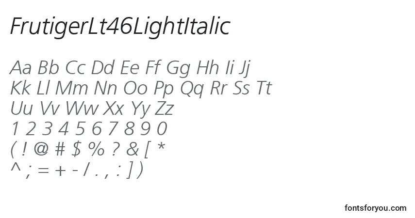 Czcionka FrutigerLt46LightItalic – alfabet, cyfry, specjalne znaki