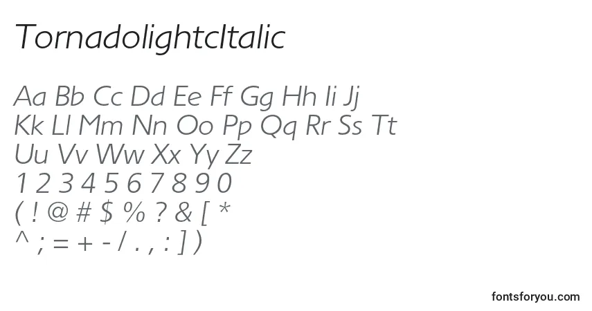 A fonte TornadolightcItalic – alfabeto, números, caracteres especiais