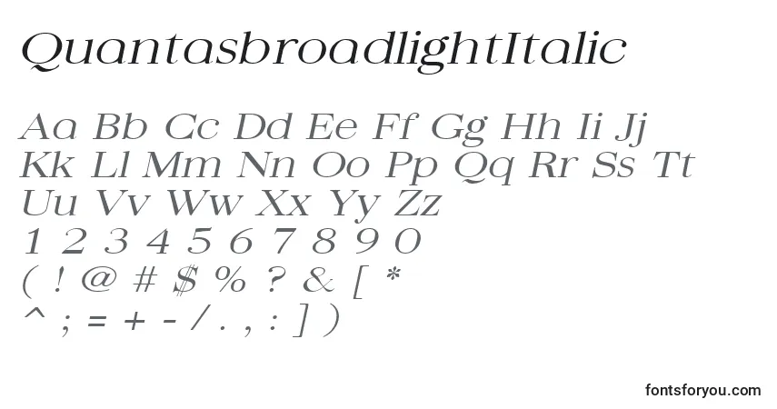 A fonte QuantasbroadlightItalic – alfabeto, números, caracteres especiais