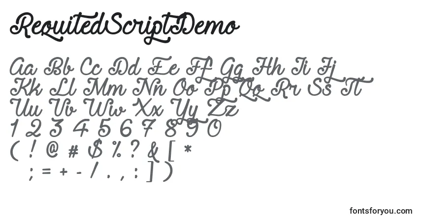 Czcionka RequitedScriptDemo – alfabet, cyfry, specjalne znaki