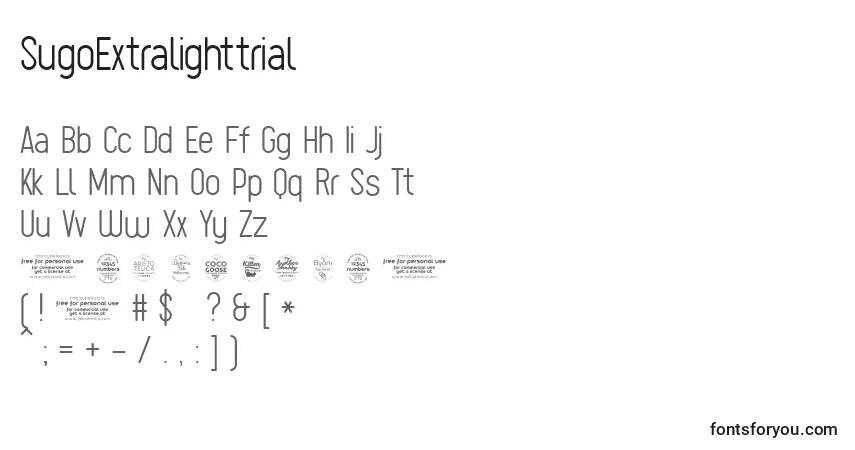 A fonte SugoExtralighttrial – alfabeto, números, caracteres especiais