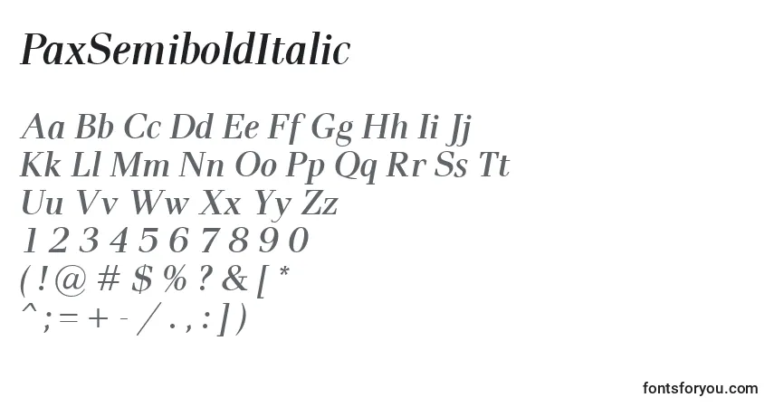 A fonte PaxSemiboldItalic – alfabeto, números, caracteres especiais